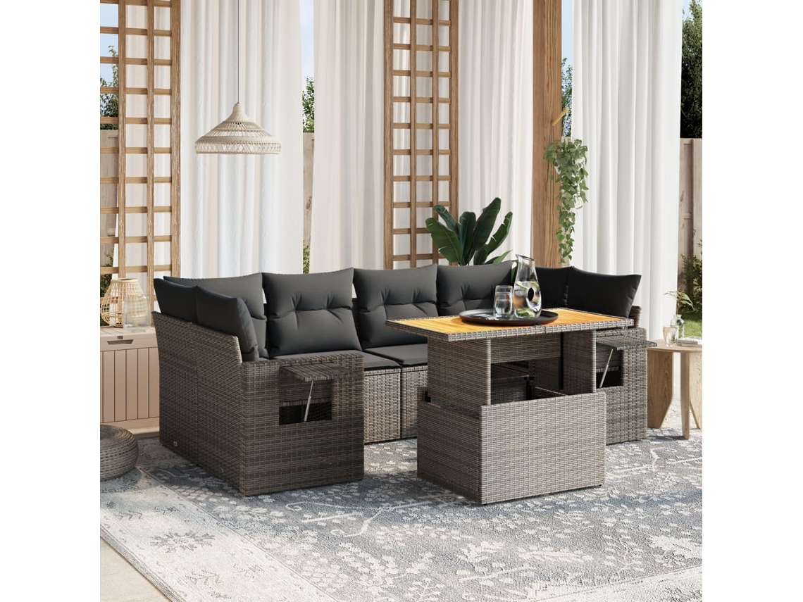Jogo 7 Peças Sofás P/ Jardim C/ Almofadões Vime Pe Cinza Dkd Home Decor