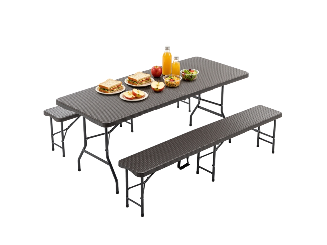 Mesa Piquenique Dobrável 1.8m 2 Bancos Hdpe Marrom VELTRIX