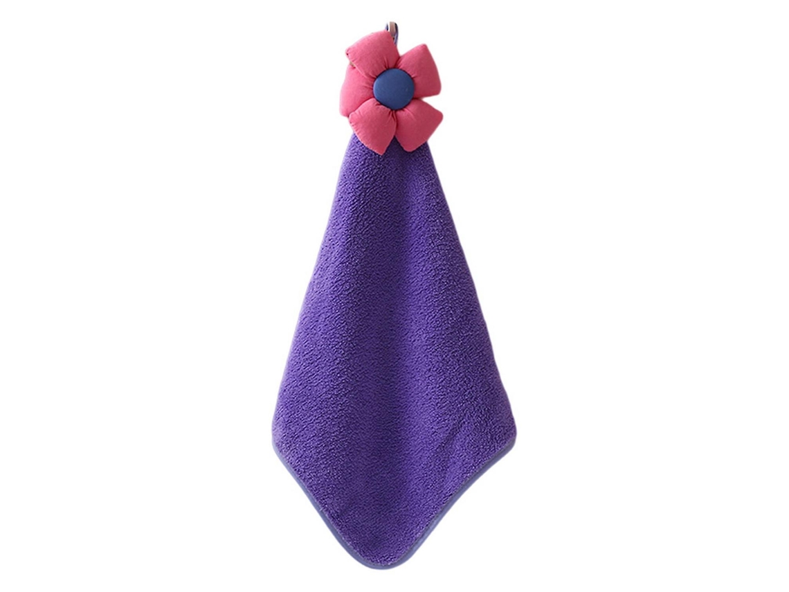 Rebe toalla de Mano com Cordão de Peluche Coral Suave Forma de Girassol Absorvente para Cozinha e Banheiro Morado