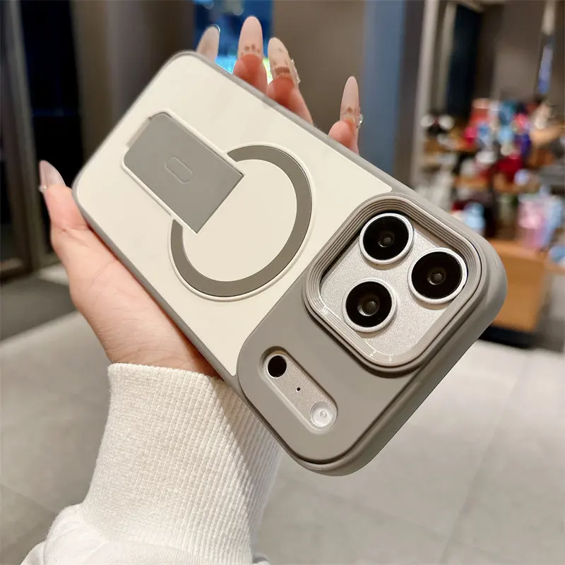 Capa Para Iphone 16 Plus Cinza Com Suporte Magnético Invisível, Compatível Com Carregamento Sem Fio Magsafe