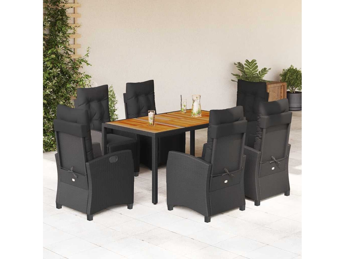 Vidaxl 7 Pcs Conjunto De Jantar P/ Jardim C/ Almofadões Vime Pe Preto