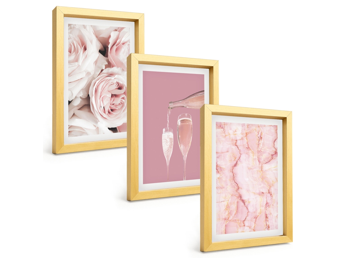 Composição De Quadros Rosas Champanhe, Fundo De Mármore Espelharte (3 Peças 20x30 Cm)
