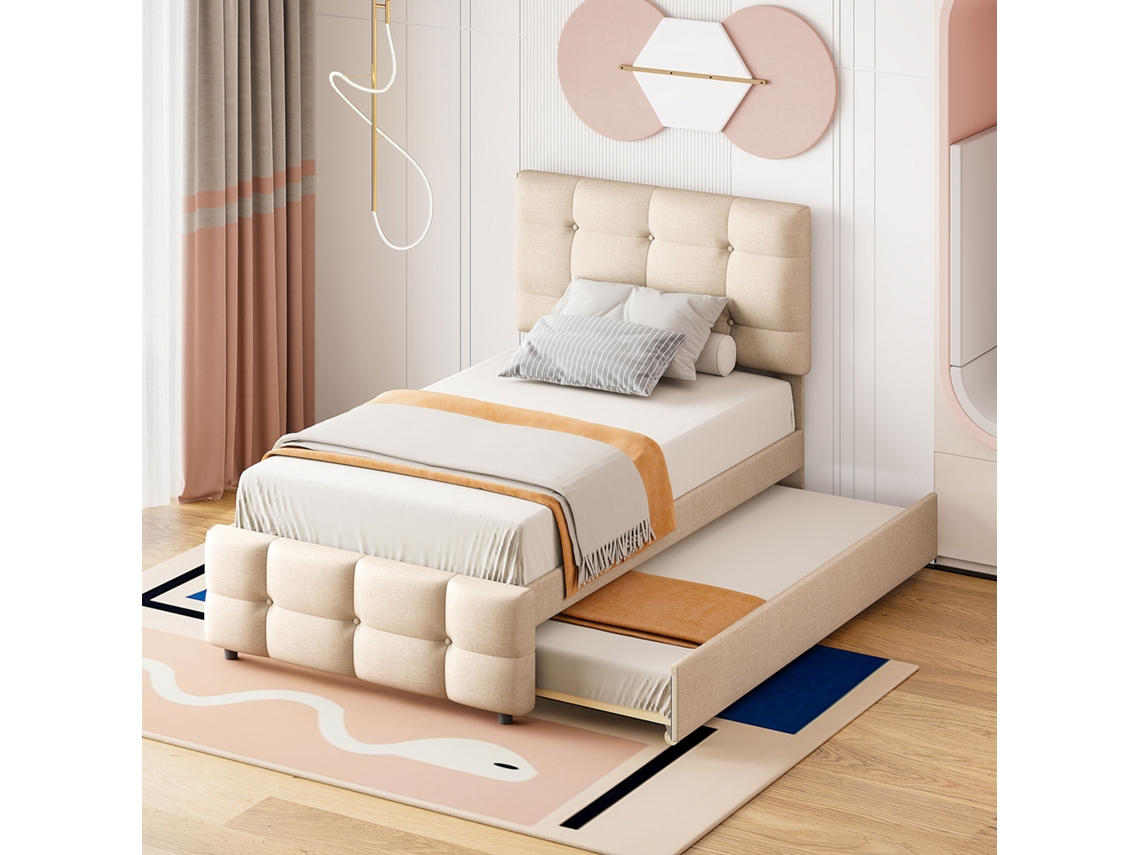 Cama De Arrumação Estofada 90x200cm Cabeceira Ajustável Tecido De Linho Bege Estilo