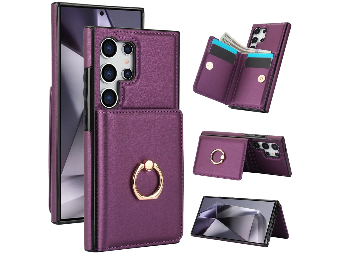 Capa Carteira Para Samsung S26 Ultra Com Porta Cartões, Anel 360° E Proteção Rfid Roxo Escuro Hexinyigjly