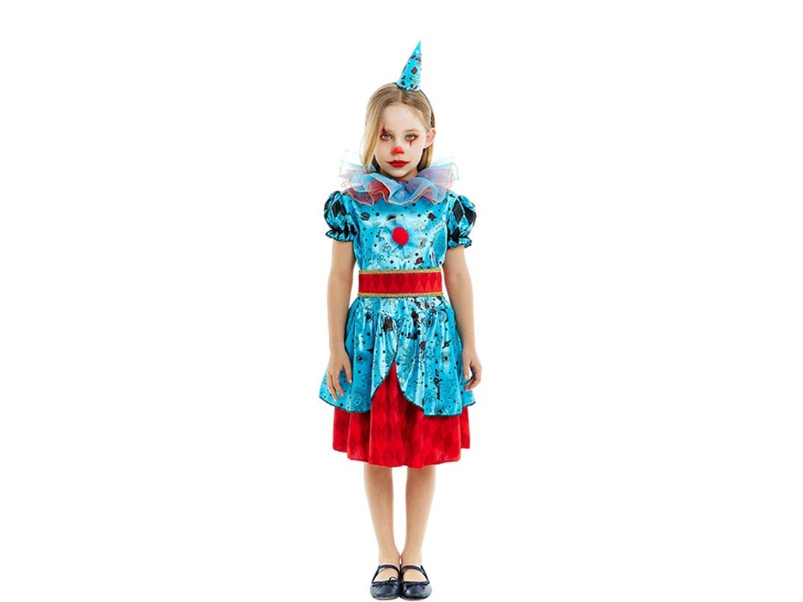 Fato de palhaço maníaco azul e vermelho para menina e adolescente