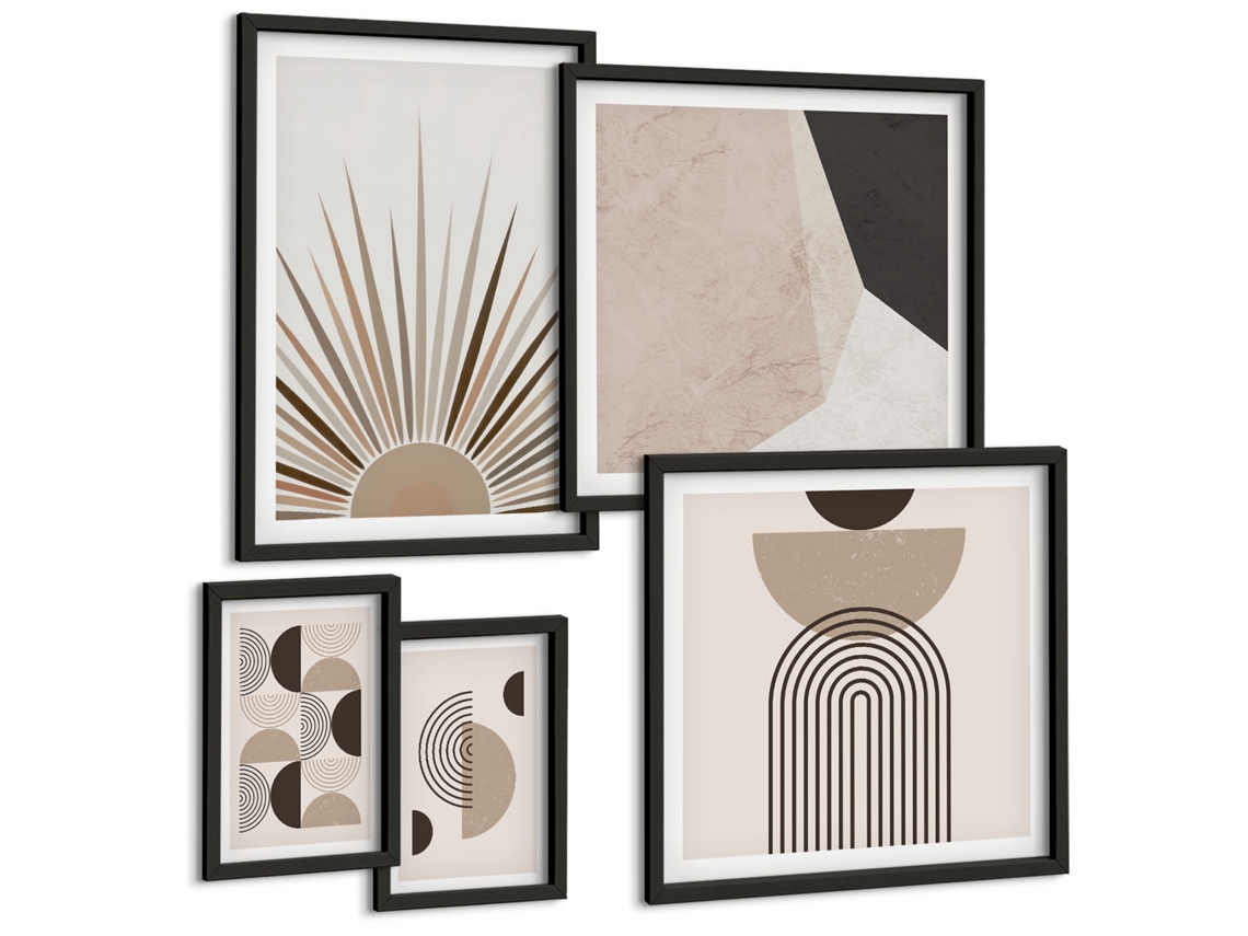 Pinturas Murais Modernas Padrões Abstratos Em Bege E Cinza Moldura Preta Imagens Para Um Quarto Infantil Espelharte (conjunto De 5 Imagens)