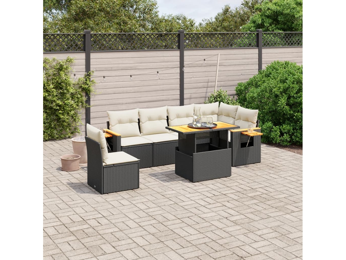 Vidaxl 7 Pcs Conjunto De Sofás P/ Jardim C/ Almofadões Vime Pe Preto