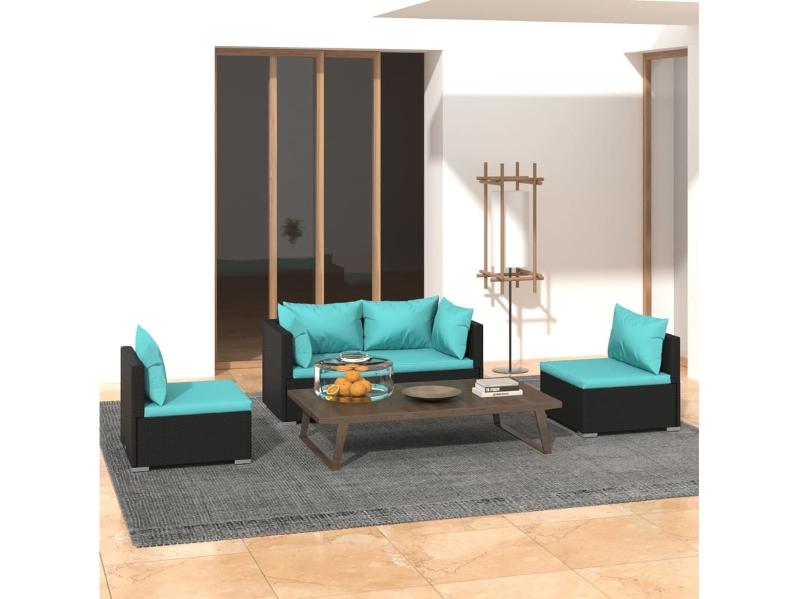 Vidaxl 4 Pcs Conjunto Lounge De Jardim C/ Almofadões Vime Pe Preto