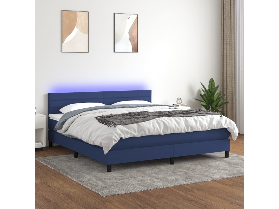 Vidaxl Cama Box Spring C/ Colchão E Led 160x200 Cm Tecido Azul
