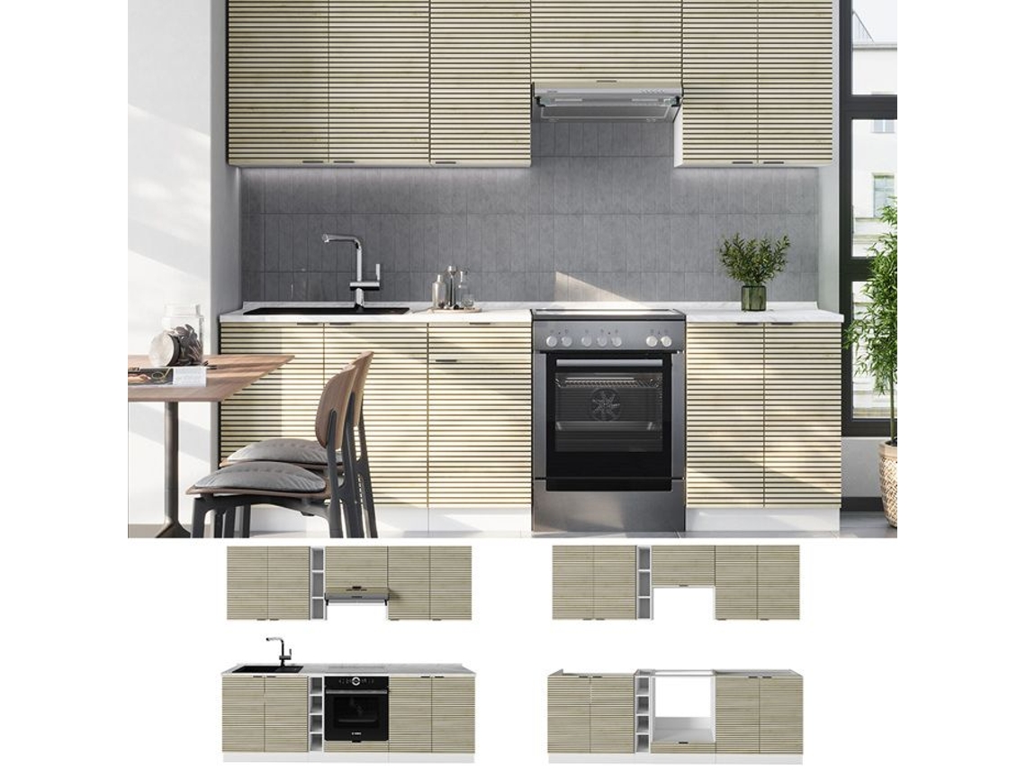 Cozinha Fame Line, 235cm Sem Plano De Trabalho, Lambris/branco Carvalho, Branco, Vicco