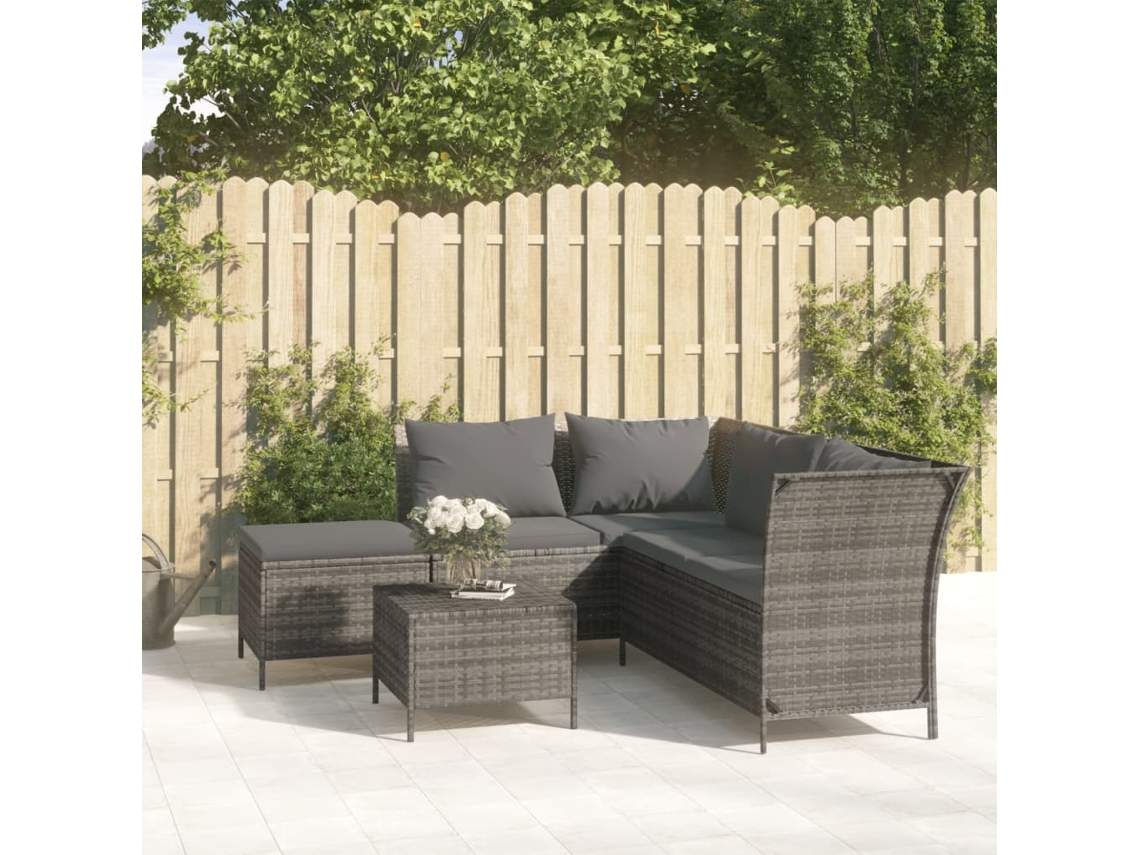 Vidaxl 4 Pcs Conjunto Lounge De Jardim C/ Almofadões Vime Pe Cinzento
