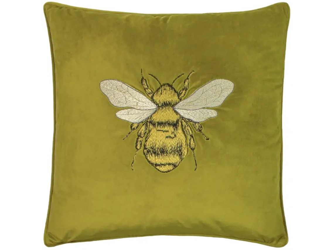 Cuscino Ricamato Paoletti Hortus Bee Veludo Verde Oliva