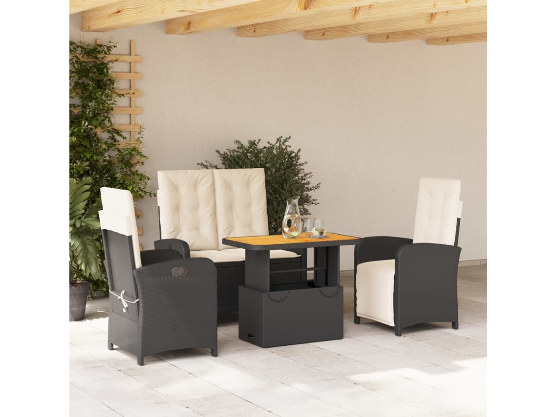 Conjunto de 4 Peças de Jardim P/ Jardim C/ Almofadões Vime Pe Preto Dkd Home Decor