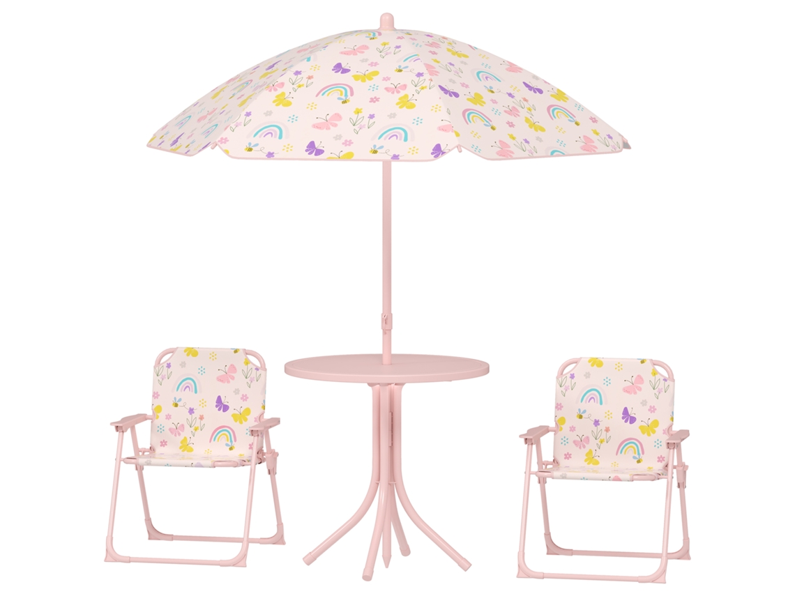Conjunto Mesa E Cadeiras Infantis Com Chapéu Sol Rosa E Desenho De Raposas Jardim