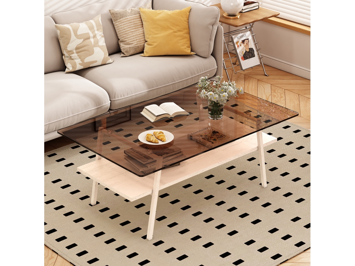 Mesa De Centro Retangular Em Vidro Temperado E Metal Castanho E Branco 98 X 58 X 42,5 Cm