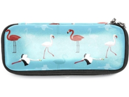 Amplo espaço de armazenamento com estampa de flamingos e garças, organizador de canetas, essencial para mochila escolar e pastas.