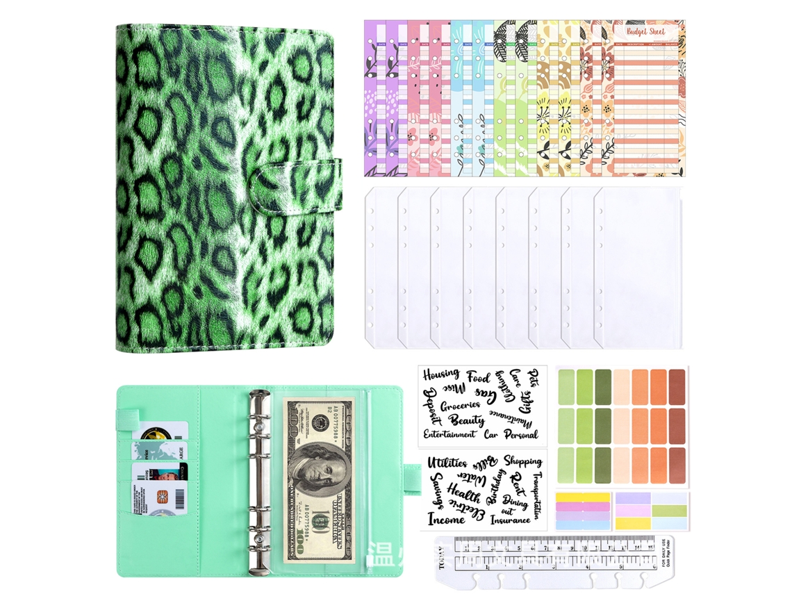 A6 Leopard Macaron Loose Leaf Cash Budget Planner Notebook With Green Cover, 8-zipper Pockets, 12-cash Budget Cards