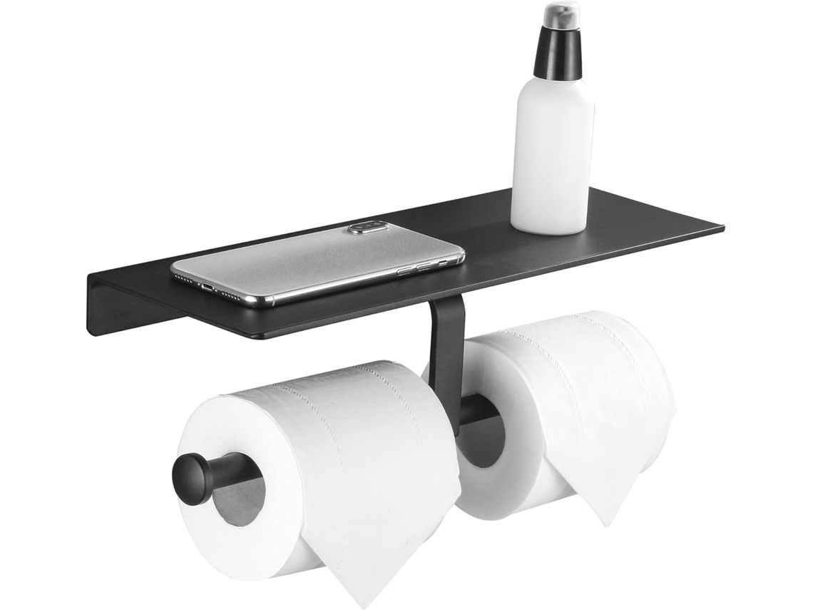 Suporte De Papel Higiénico Preto Com Prateleira Para Telemóvel Sem Furos