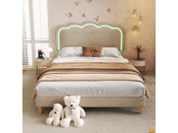 Cama Casal 140x200cm Linho, Led, Cabeceira Ajustável, Estrado, Bege KOMHTOM
