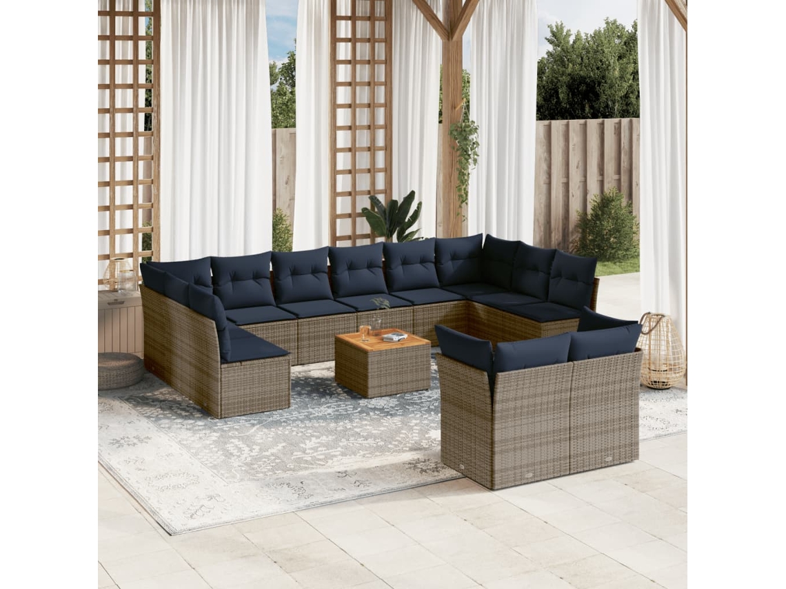Vidaxl 13 Pcs Conjunto Sofás P/ Jardim C/ Almofadões Vime Pe Cinzento