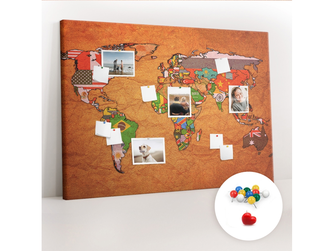Quadro De Cortiça Com Impressão Mapa-múndi Com Bandeiras Para O Escritório Espelharte (140x100 Cm)