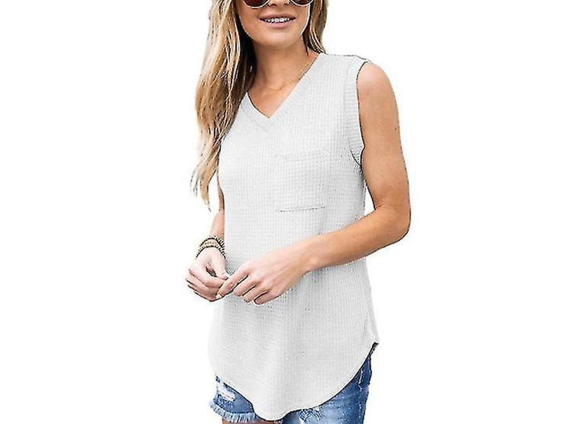 Blusa Feminina Verão Casual Fashion De Poliéster Cor Solida Com Decote V Sexy E Respirável Branco