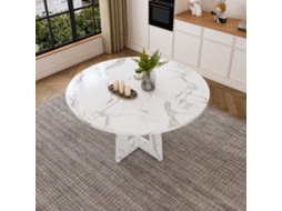 Mesa Redonda Modular Ø120cm Altura 76cm Mdf Folha Mármore Branco, Para 4 Pessoas Para Sua Casa