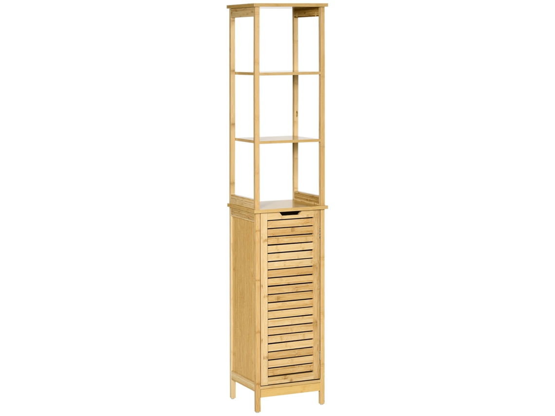 Armário de banheiro CHEZMOI em formato de coluna com 3 prateleiras e porta de bambu com venezianas