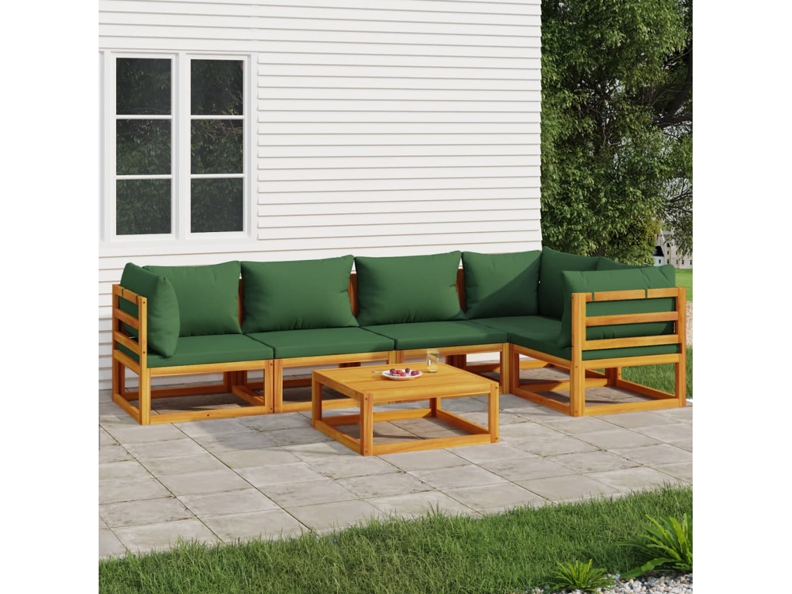 Conjunto 6 Peças Lounge Jardim Madeira C/almofadões Verdes Dkd Home Decor