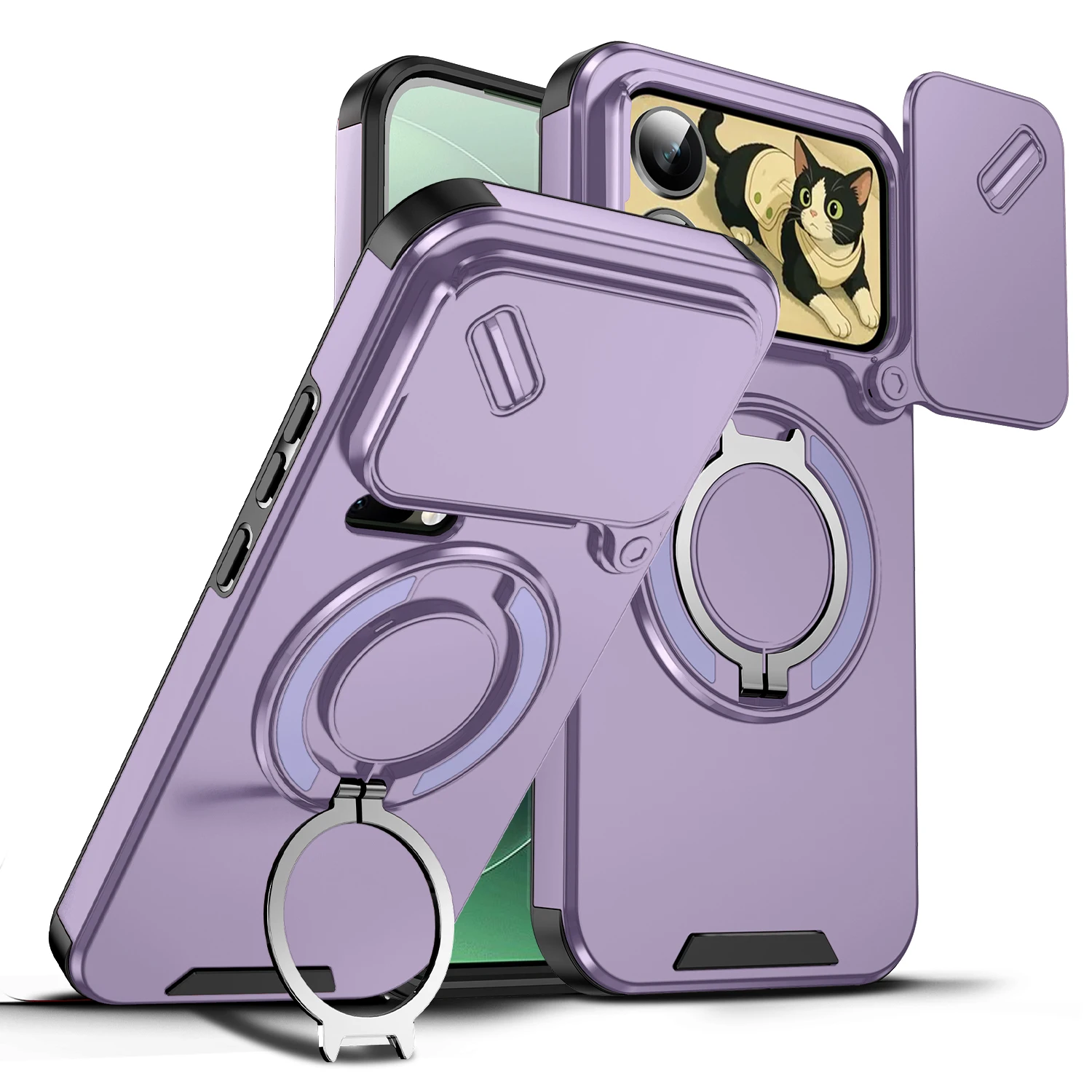 (roxo Xiaomi 15tpro) Capa Protetora Rígida Fosca À Prova De Choque Com Suporte De Anel Para Câmera Deslizante (xiaomi 15tpro)