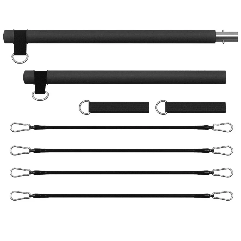 Conjunto De 7 Peças Na Cor Preta: Alongador Multifuncional Com Corda De Tensão E Barra De Pilates.