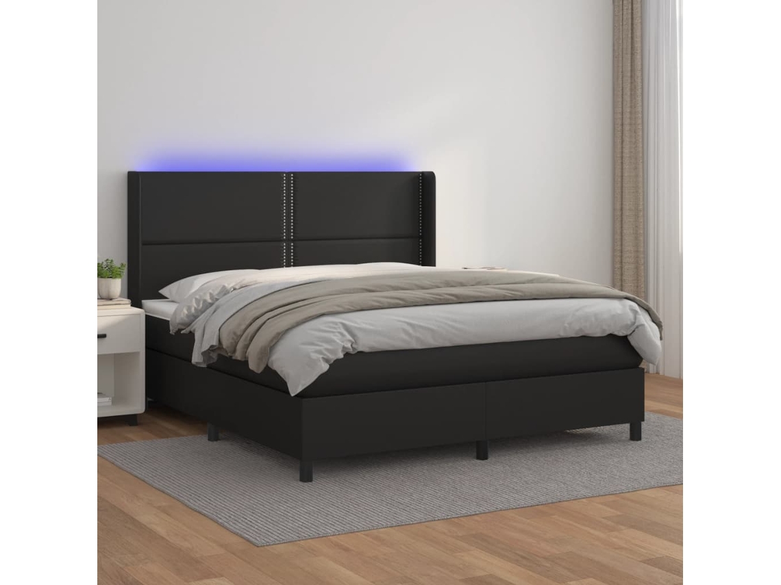 Vidaxl Cama Box Spring C/ Colchão/led 180x200cm Couro Artificial Preto