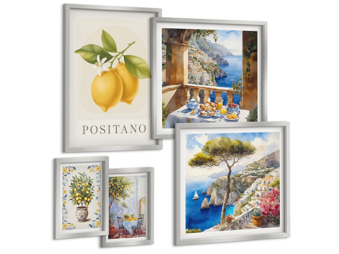 Pinturas Murais Modernas Limonada, Pátio, Sol Moldura Prateada Imagens Para Um Quarto Infantil Espelharte (conjunto De 5 Imagens)
