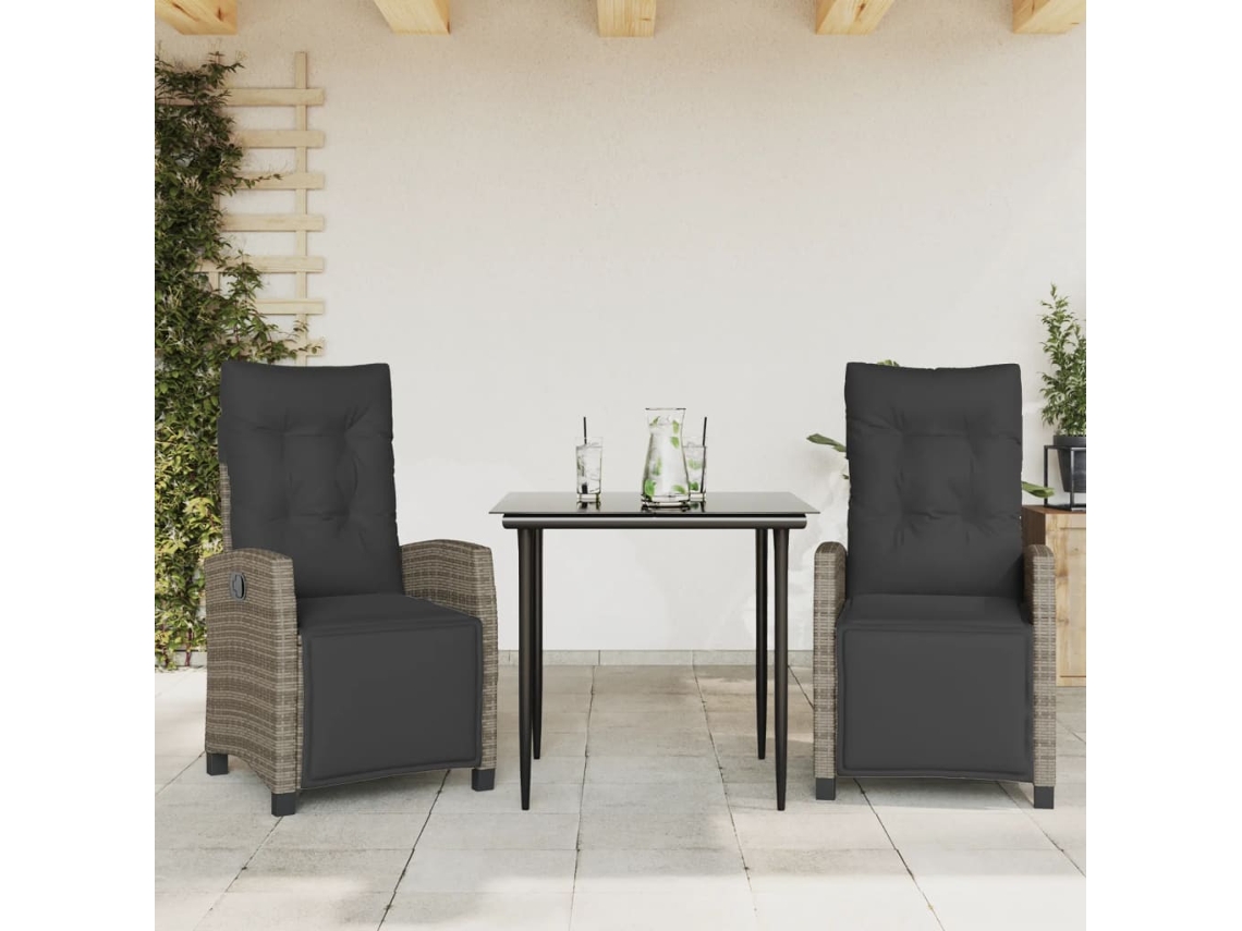Vidaxl 3 Pcs Conjunto de Jantar P/ Jardim C/ Almofadões Vime Pe Cinza