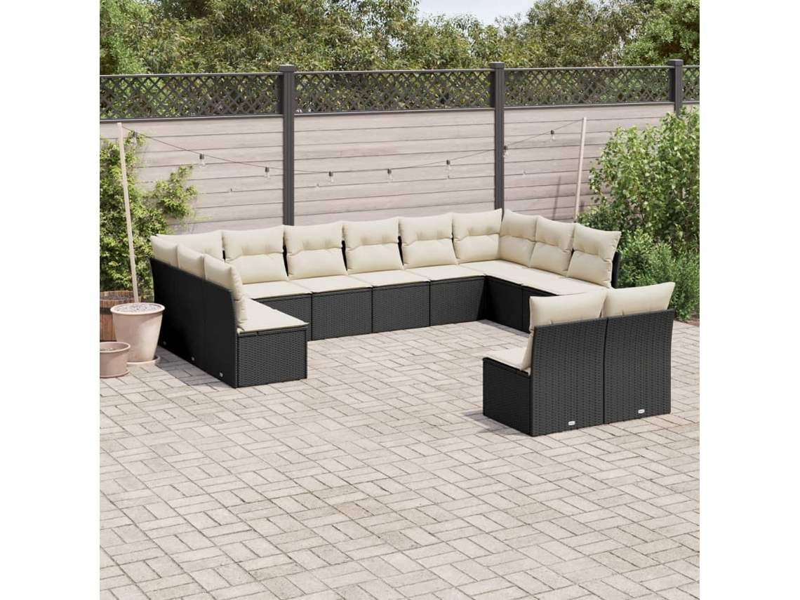 12 Pcs Conjunto De Sofá Jardim C/ Almofadões Vime Pe Preto Dkd Home Decor