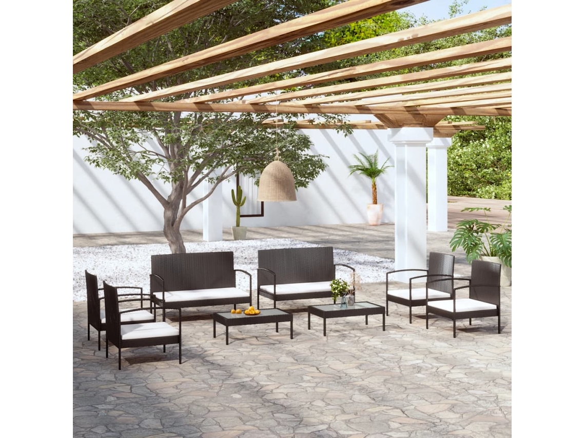 Vidaxl 8 Pcs Conjunto Lounge De Jardim C/ Almofadões Vime Pe Preto