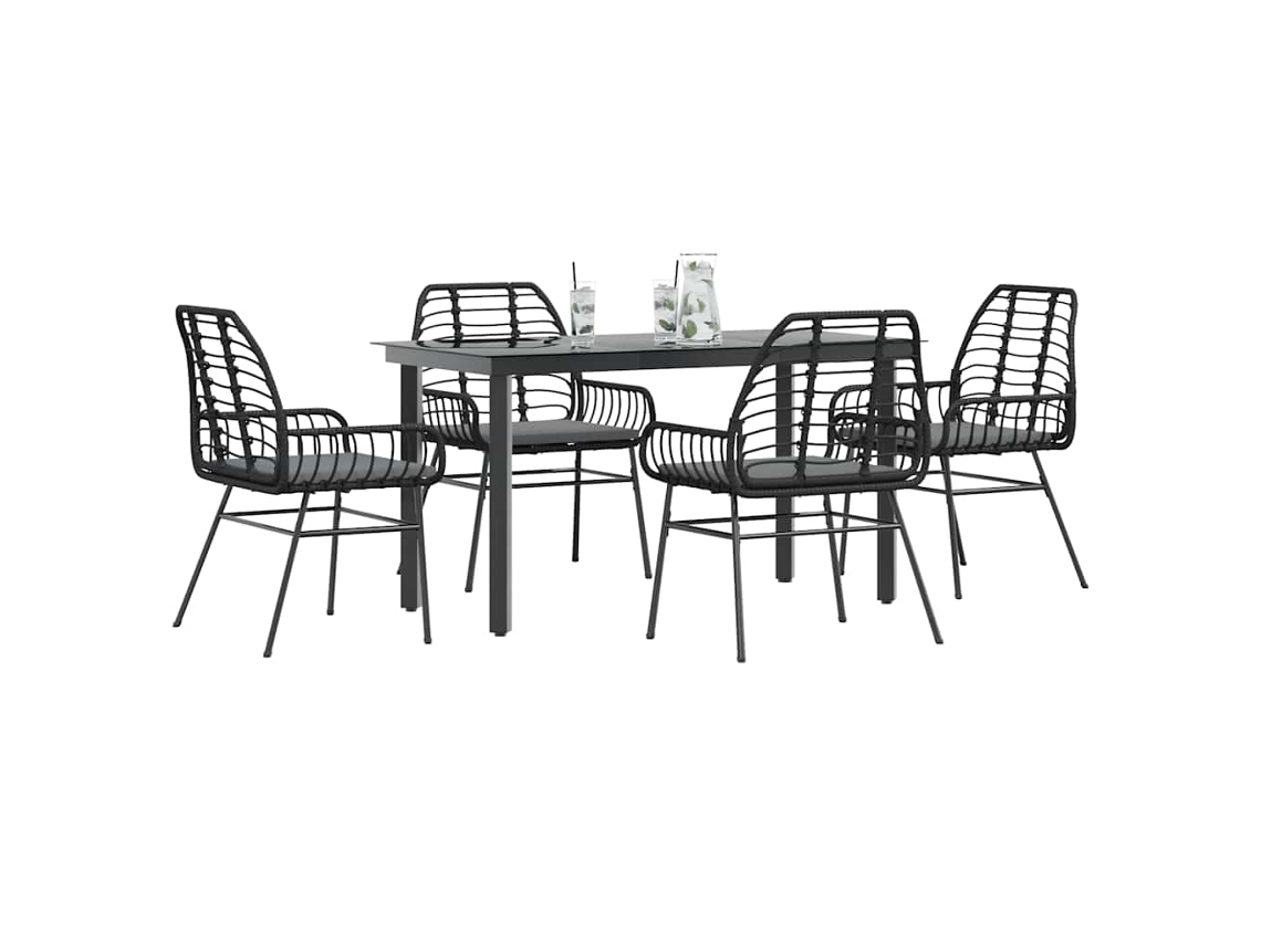 Conjunto de Móveis de Jardim HARLANV1 com 5 Pcs para Refeição Vime e Vidro Preto