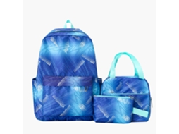 Conjunto de três mochilas geométricas modernas em tons de azul.
