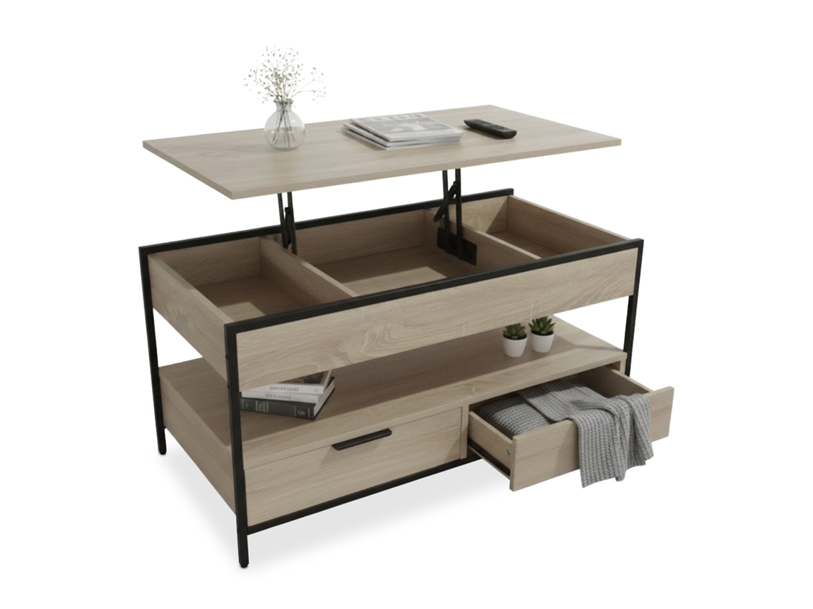 Mesa De Centro Com Tampo Elevável, Gavetas E Design Industrial