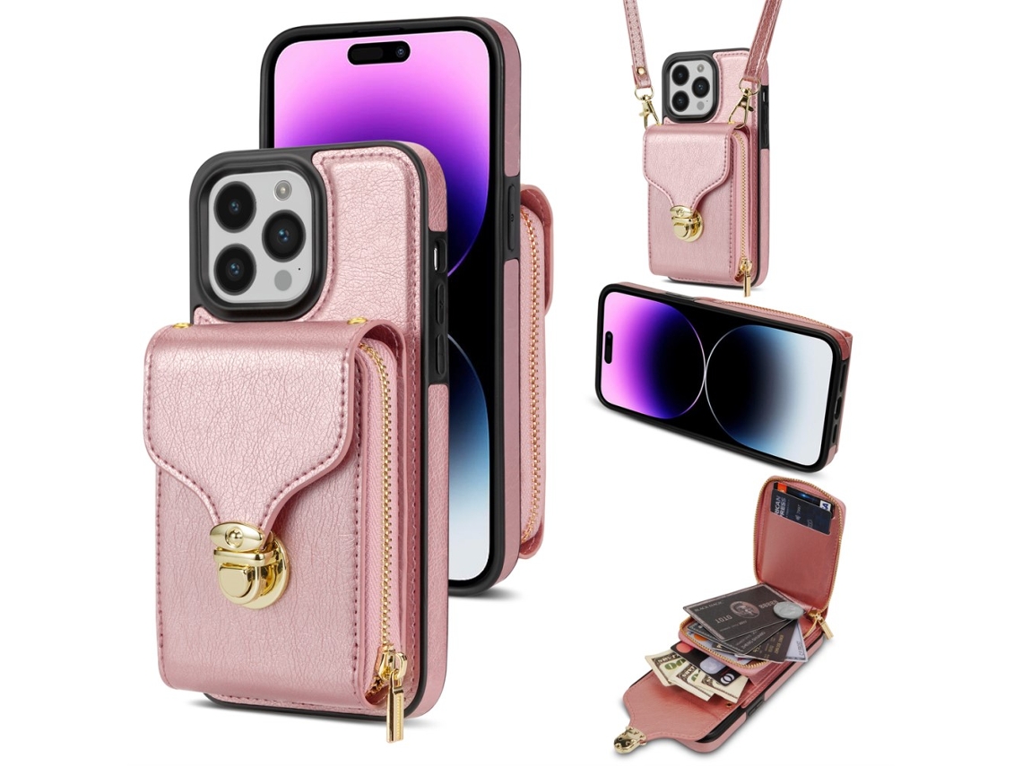 Suporte Casa Pega Ouro Para Iphone 15 Pro Max Pele Sintética Com Porta-cartões Rosa