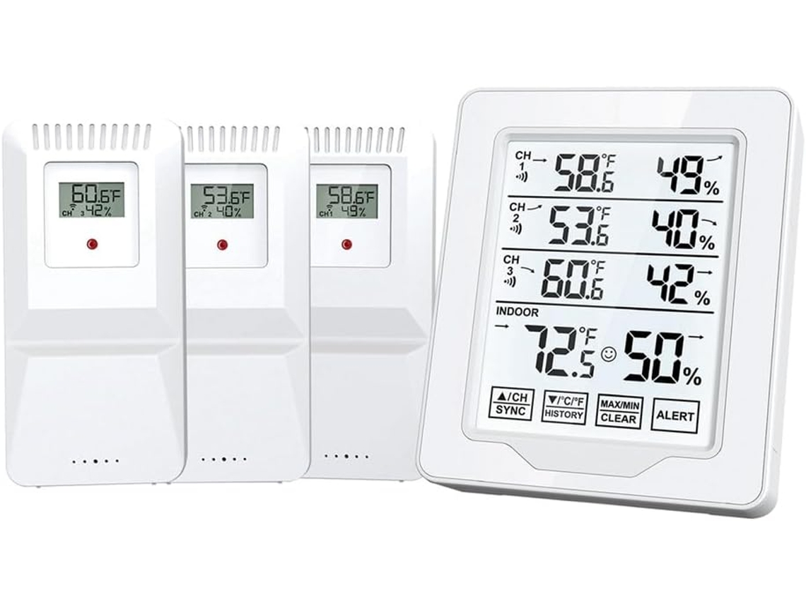 Termômetro E Higrômetro Digital Para Ambientes Internos Com 3 Sensores, Visor Retroiluminado Branco, Tela