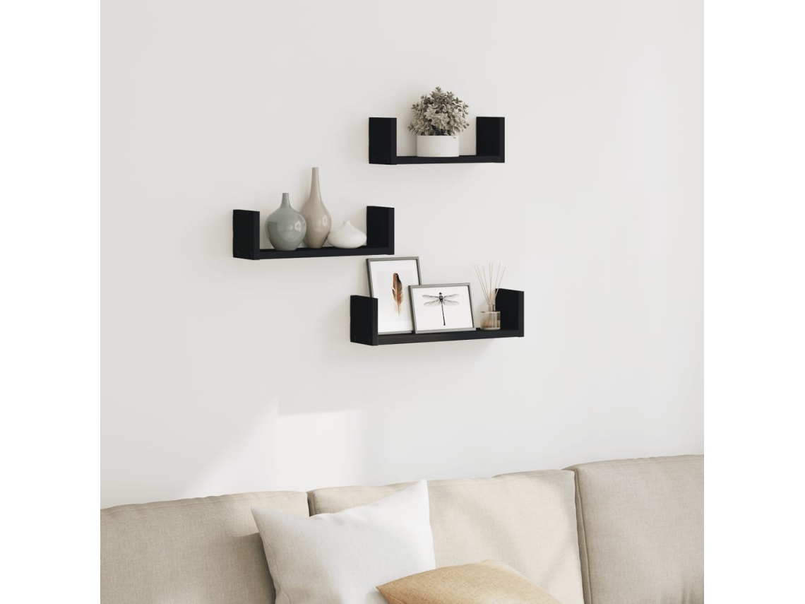 Vidaxl Prateleira De Parede 3 Pcs Derivados De Madeira Preto