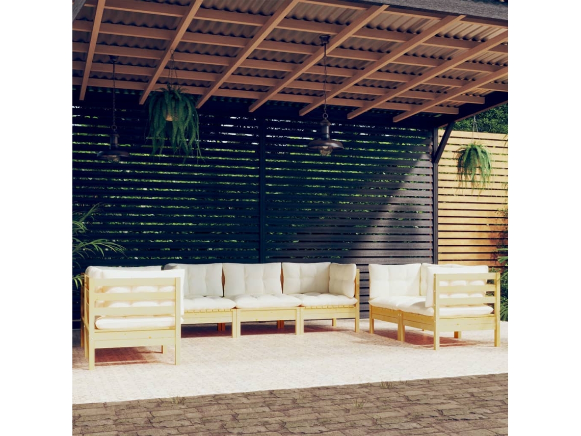 Vidaxl 7 Pcs Conjunto Lounge Jardim C/ Almofadões Creme Pinho Maciço