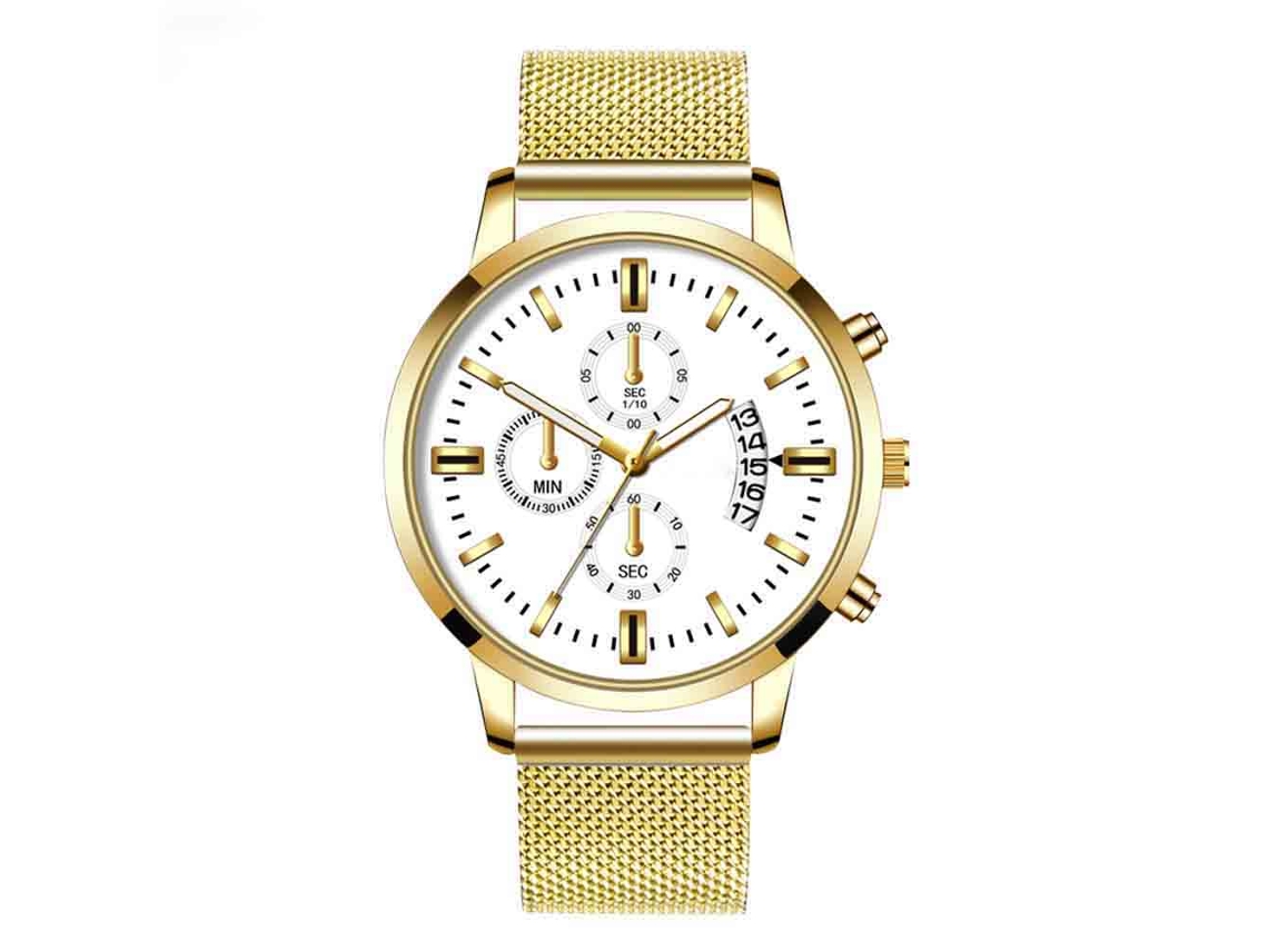 Relógio masculino de quartzo com calendário, mostrador redondo e pulseira de aço banhada a ouro branco.