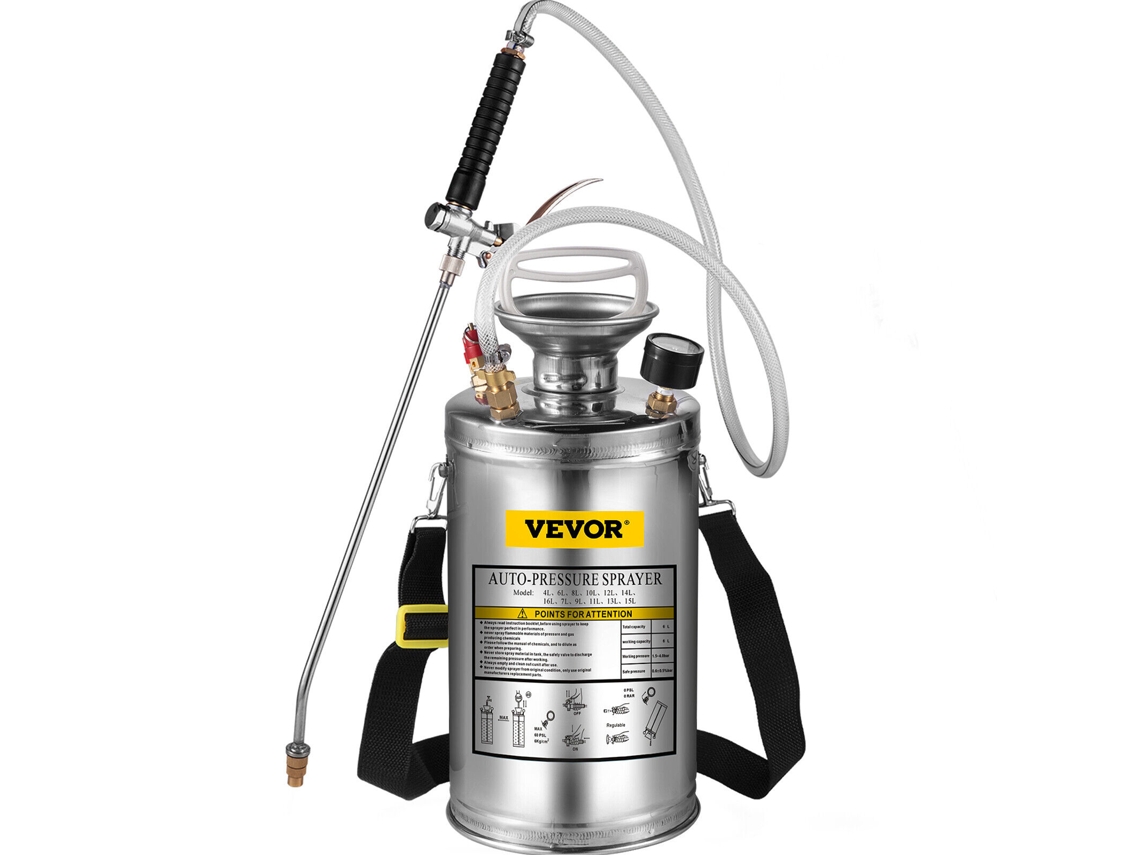 Pulverizador de Pressão de Jardim de Aço Inoxidável 1,5 Galões/6L com Bomba Manual de 3 Pés de Mangueira