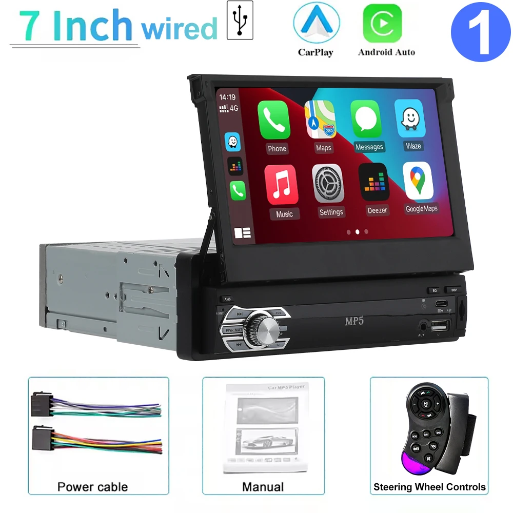 (com Fio) Sistema Multimídia Automotivo Single Din, Tela Sensível Ao Toque Retrátil De 7 Polegadas Com Carplay