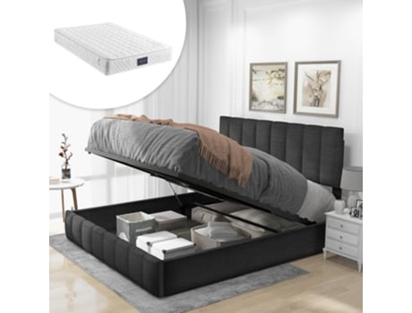 Cama Com Colchão Espaço Armazenamento Arhatreya Linho Cinzento (140x200cm)