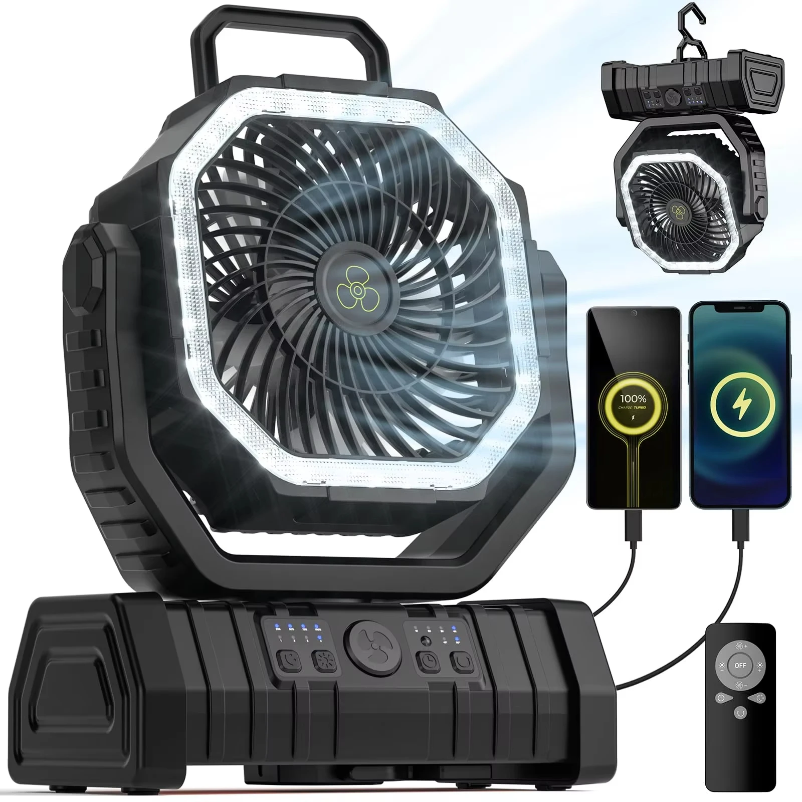 Ventilador de Camping com Bateria Recarregável de 20000mah e Gancho para Faixa de Luz Led MDUG (preto)