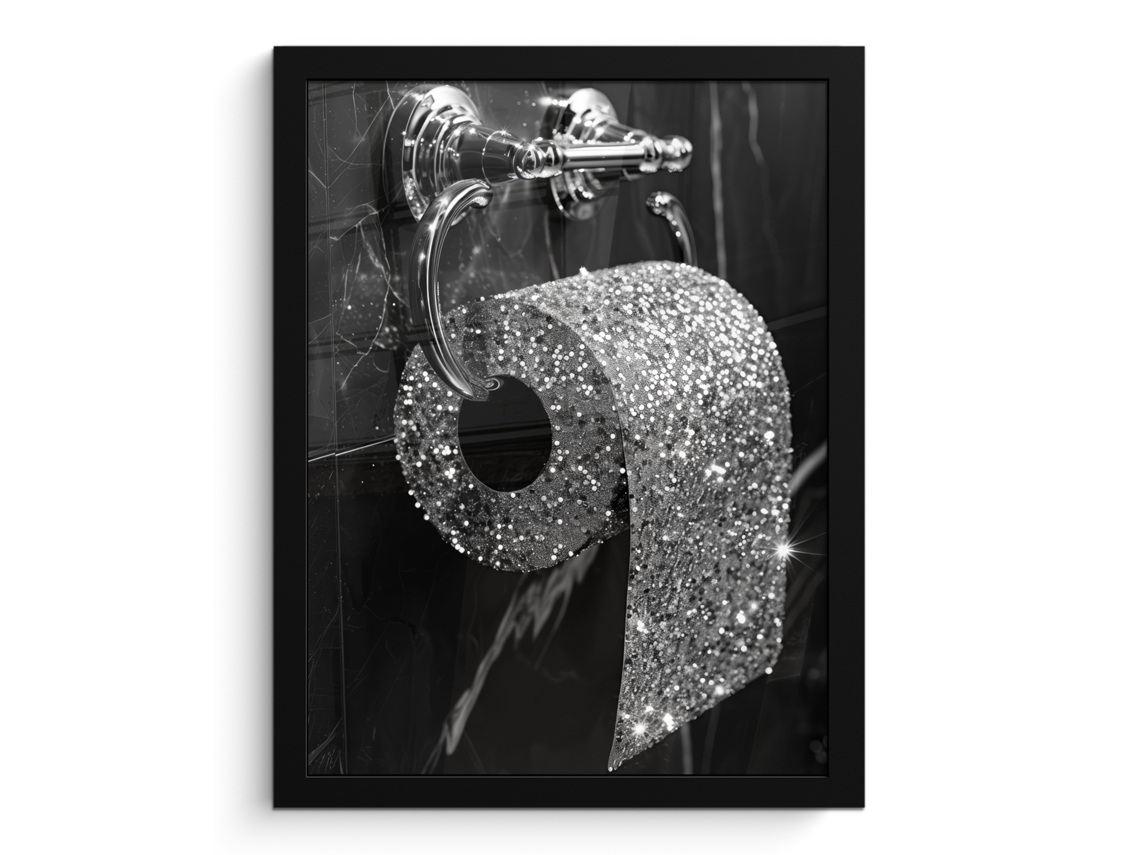 Poster Emoldurado Wc - Papel Higiénico - Preto E Branco - Brilhantes 30x40 Cm
