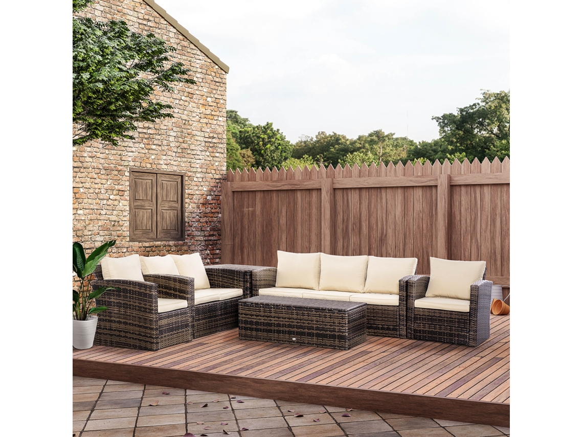 Conjunto De 6 Peças Em Vime Para Jardim Externo: Sofá Duplo De 3 Lugares, 2 Poltronas Com Almofadas De Casal E 2 Mesinhas Auxiliares Na Cor Cáqui